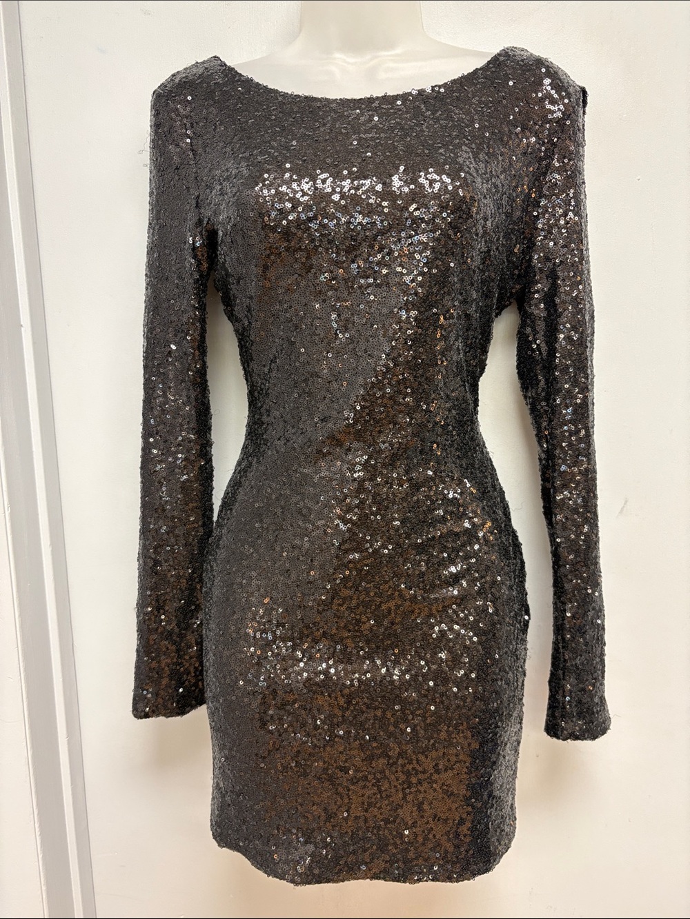 Xtaren Black Sequin Open Back Bodycon Mini Dress Long Sleeve Size M